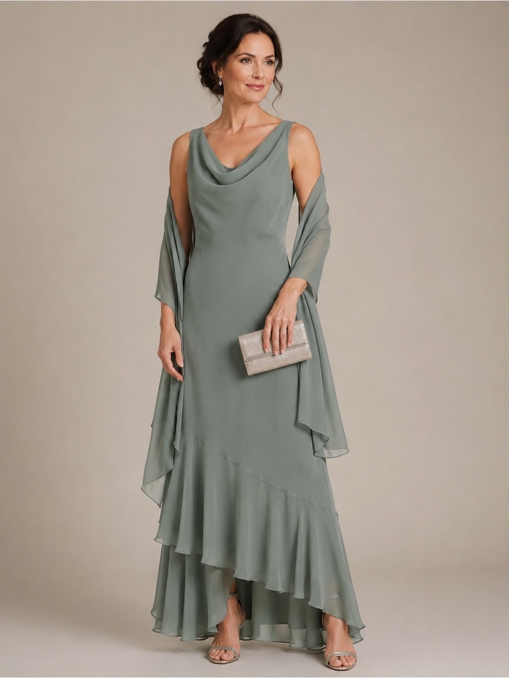 Alex Evenings Sage Green Draped Gown Dress Shawl Formal Asymmetrical Hem Sz16